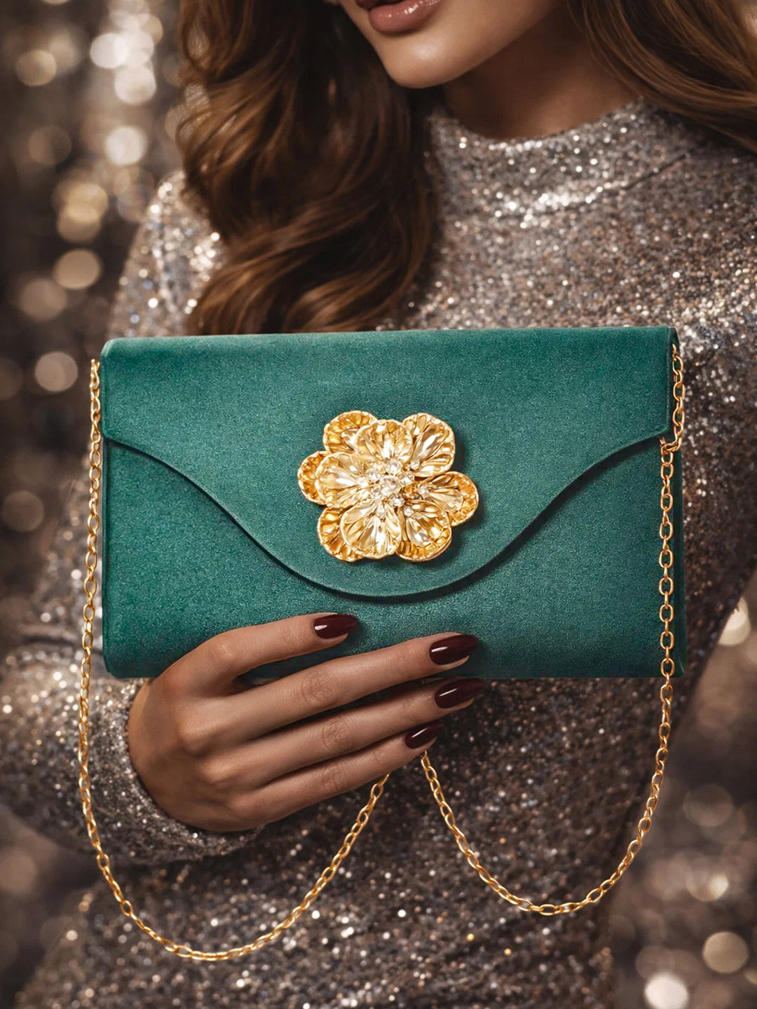 Gold Bloom Embellished Green Satin Clutch