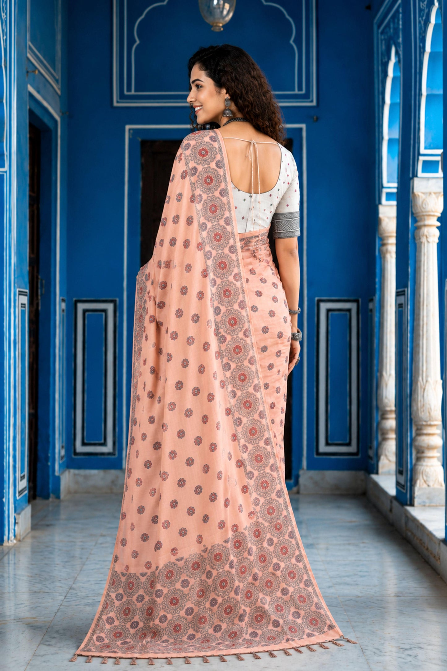 Sangam Prints Blush Pink Cotton Blend Woven Work Traditional Saree