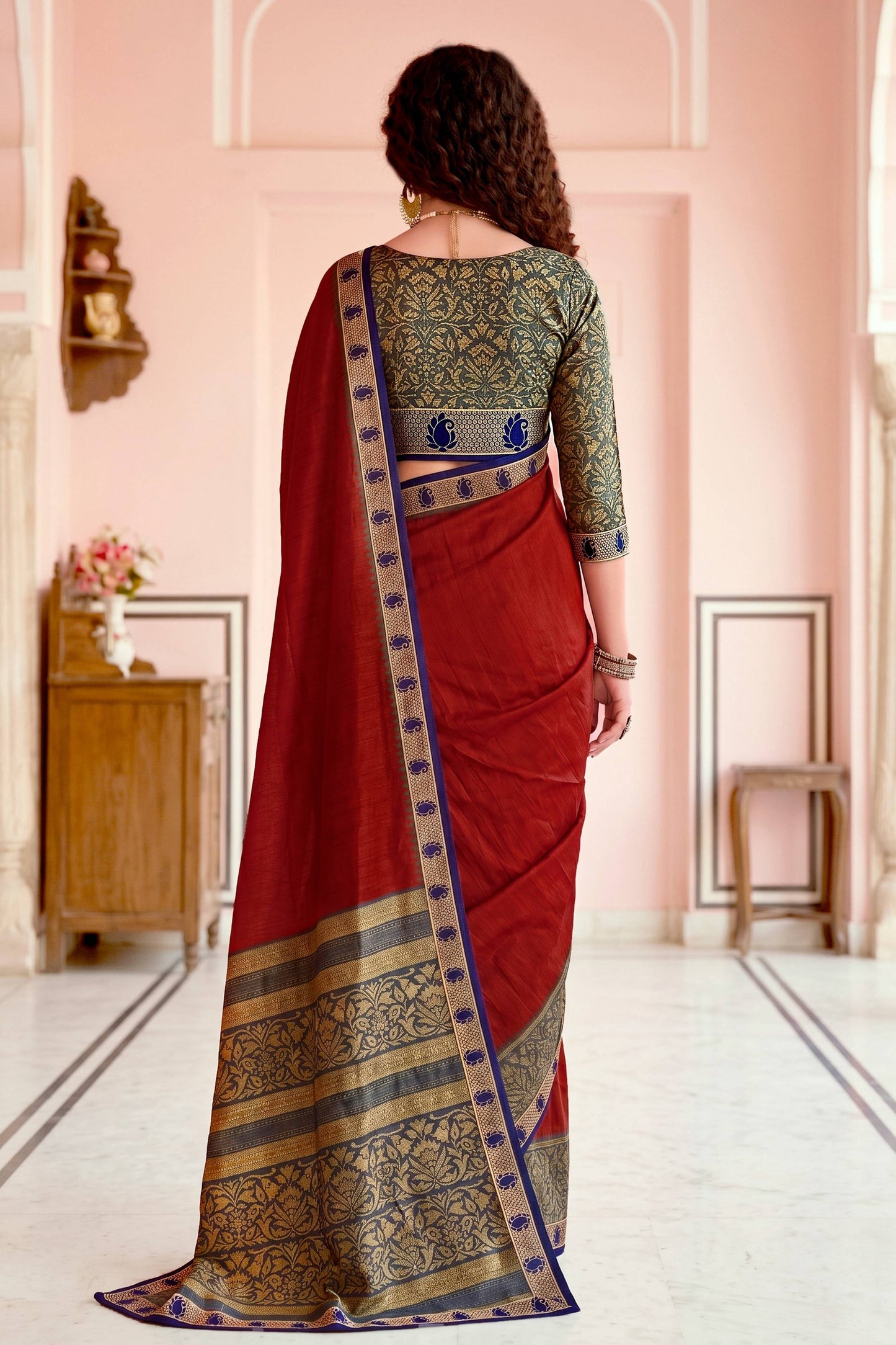 Sangam Prints Crimson Red Cotton Blend Woven Work Traditional Saree