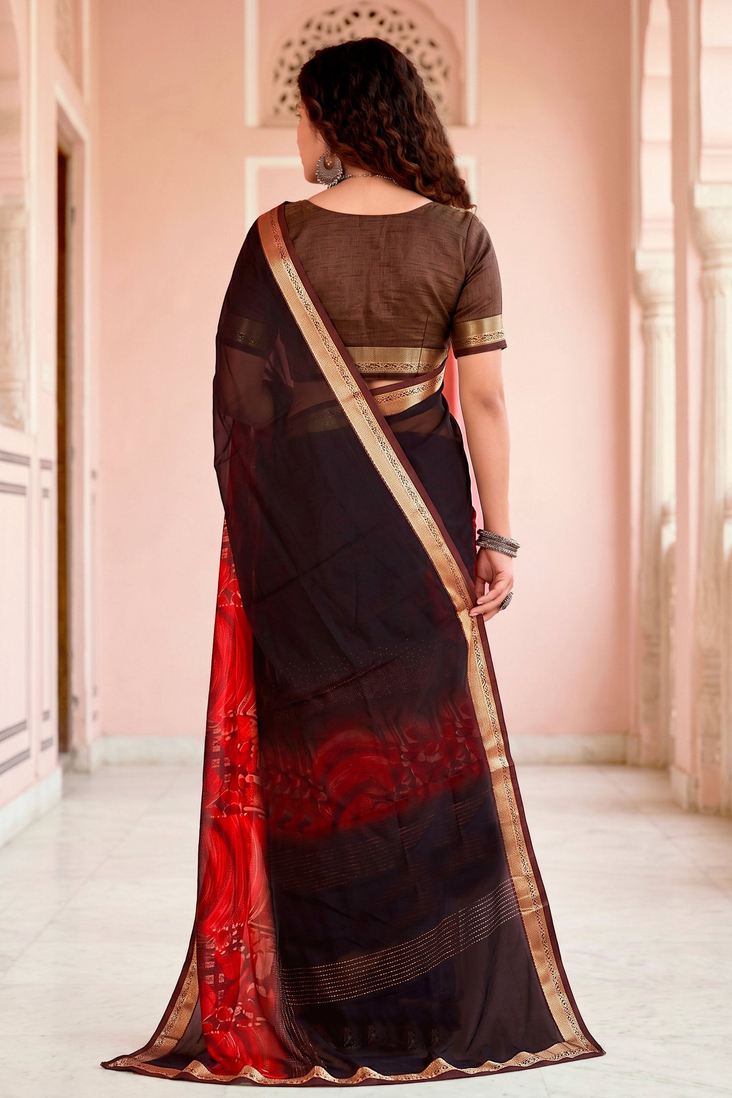 Sangam Prints Chocolate Brown Cotton Blend Woven Work Traditional Saree
