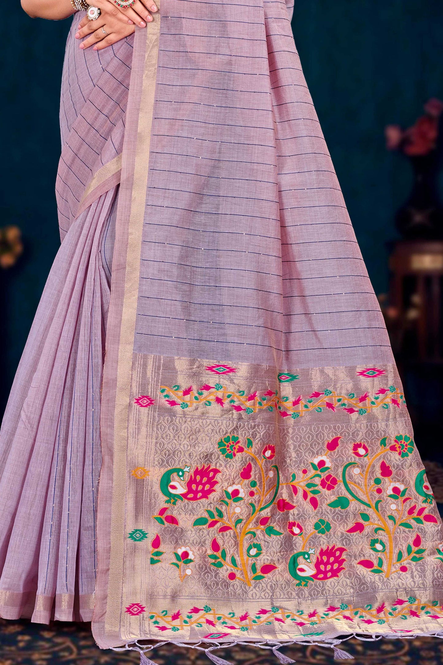 Sangam Prints Dusty Lavender Cotton Blend Woven Work Traditional Saree