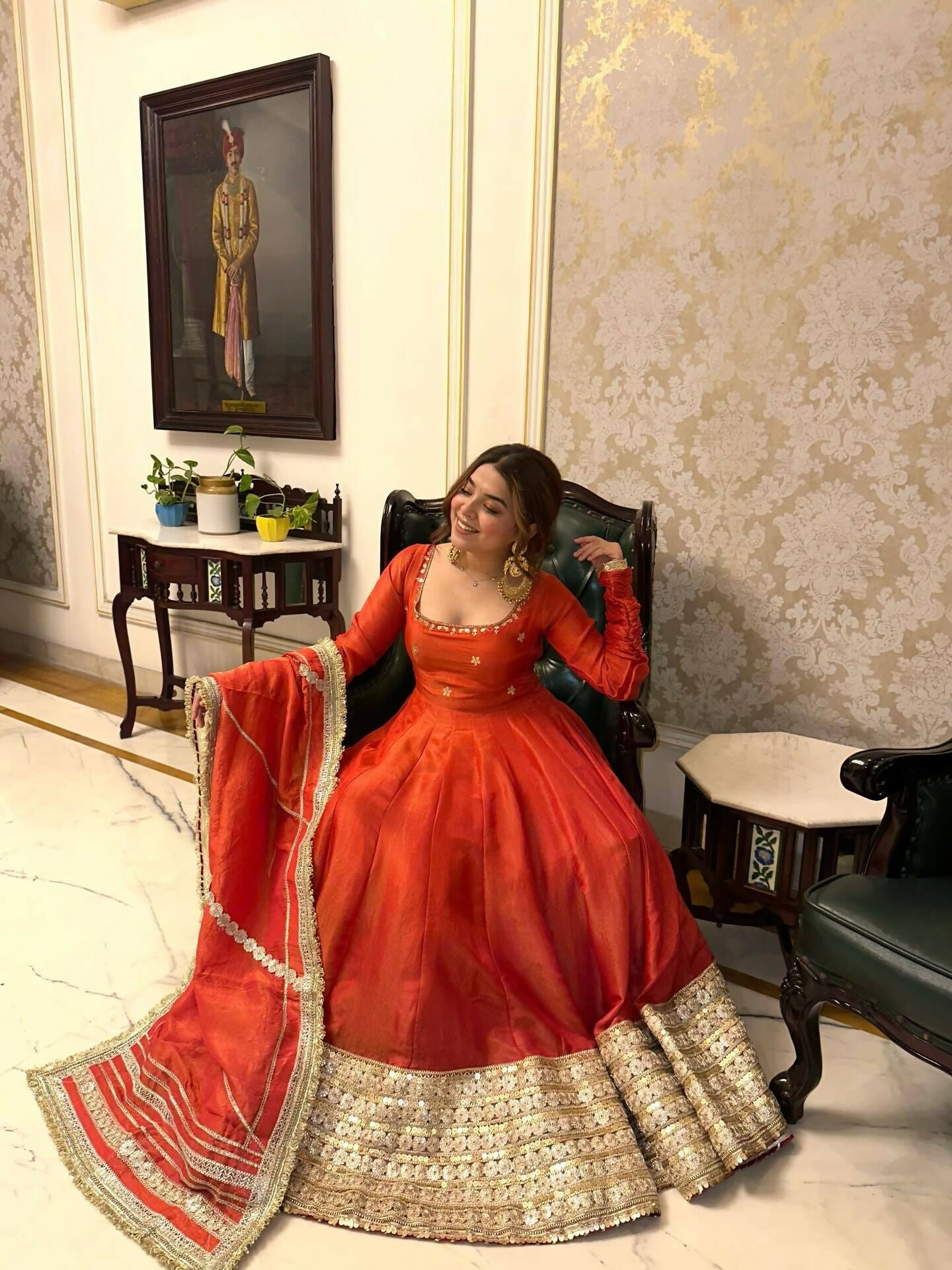 Teeya Creation Womens New Fancy Silk Heavy Quality Fabric With Handwork Orange Gown Set