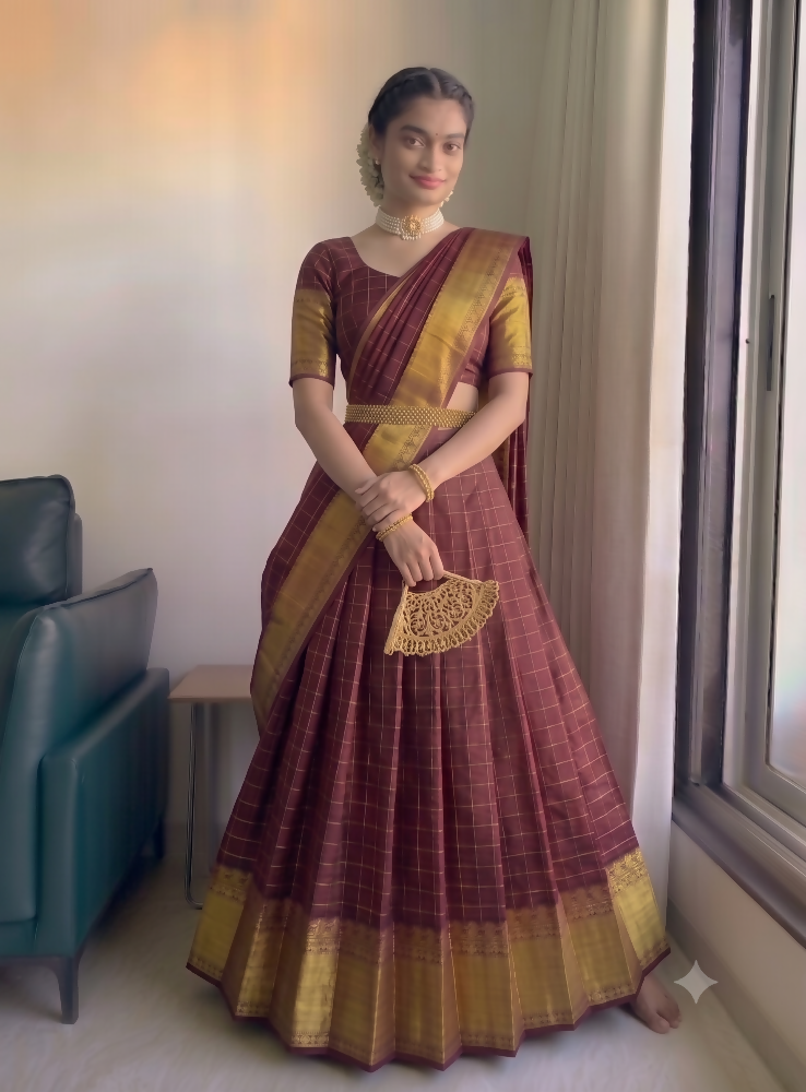Teeya Creation Classic Maroon Checkered Silk Lehenga Choli with Heavy Zari Border