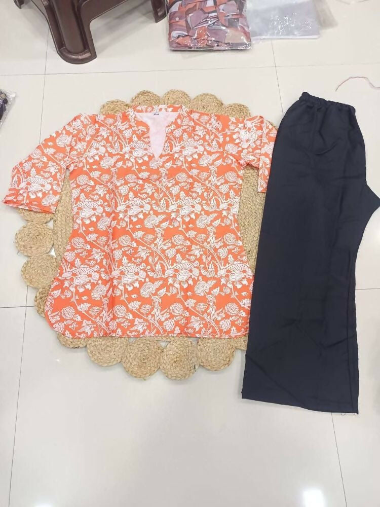 Teeya Creation Womens New Trendy Orange Floral Printed Short Kurti with Beige Palazzo Set