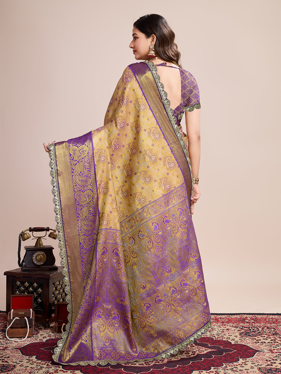 Dwija Fashion Golden Wedding Wear Jari Weaving Kanjivaram Silk Saree With Unstitched Blouse