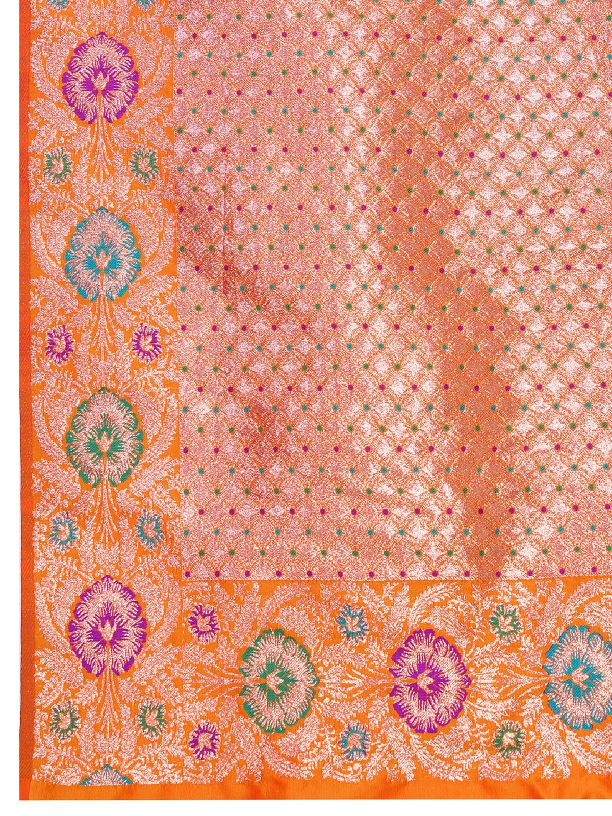 Dwija Fashion Orange Wedding Wear Golden Silver Jari Weaving Work Pure Jacquard Saree With Unstitched Blouse