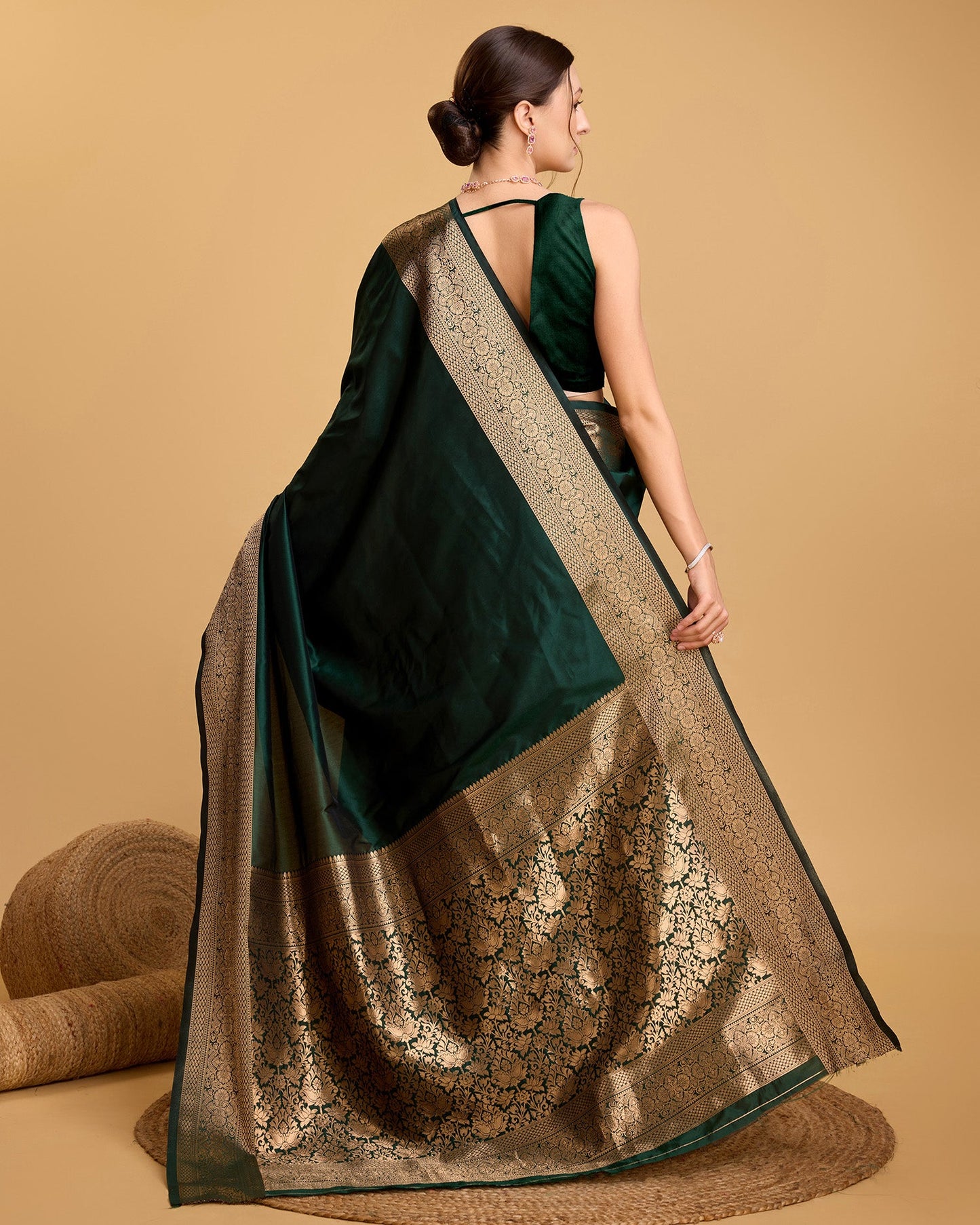 Dwija Fashion Deep Green Party Wear Banarsi Pure Silk Plain Saree With Unstitched Blouse
