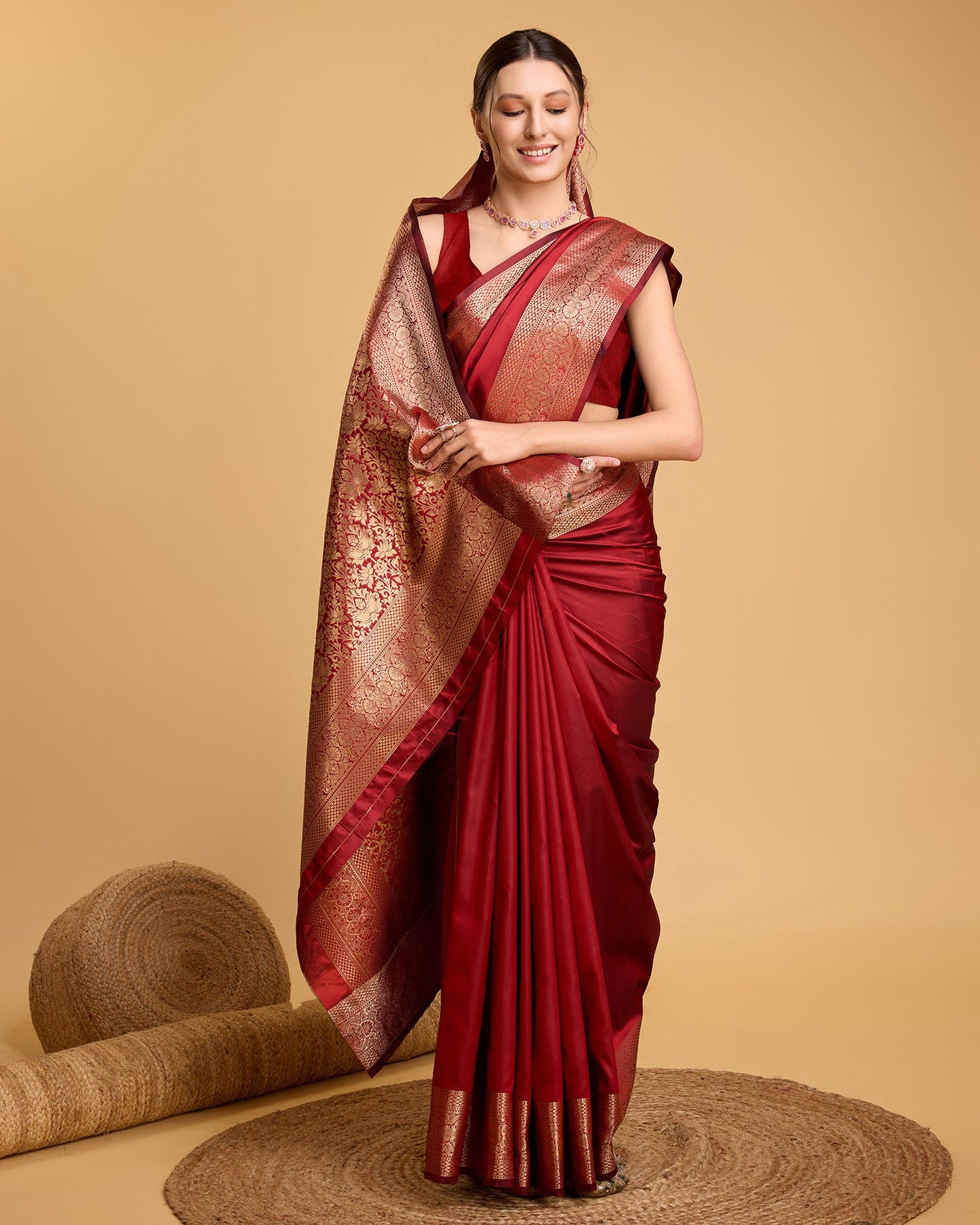 Dwija Fashion Red Party Wear Banarsi Pure Silk Plain Saree With Unstitched Blouse