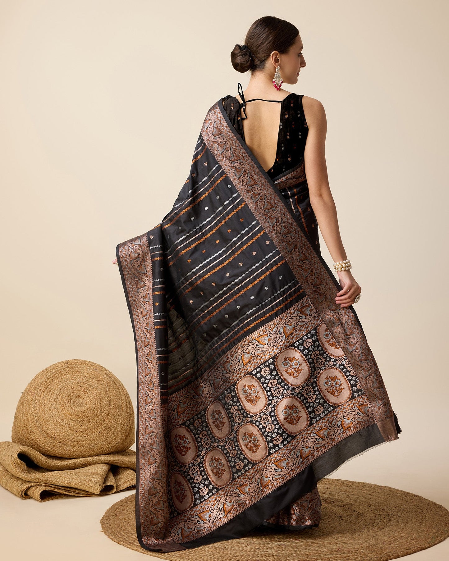 Dwija Fashion Black Party Wear Golden Silver Jari Work Pure Jacquard Saree With Unstitched Blouse
