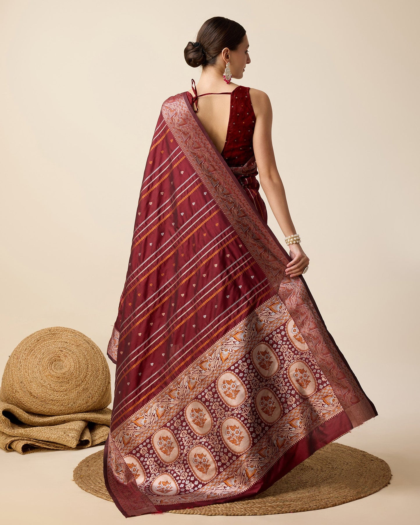 Dwija Fashion Deep Maroon Party Wear Golden Silver Jari Work Pure Jacquard Saree With Unstitched Blouse