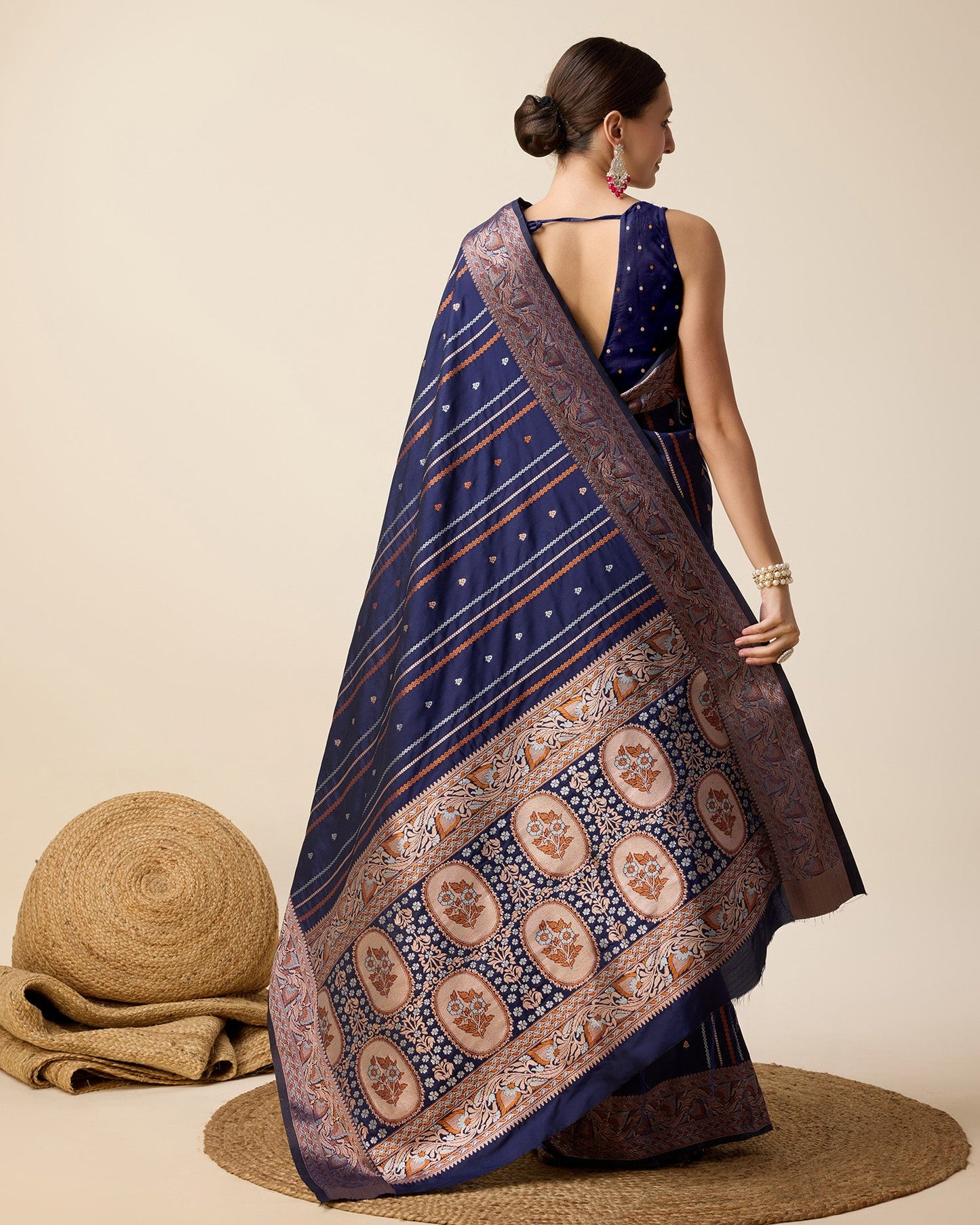 Dwija Fashion Deep Navy Blue Party Wear Golden Silver Jari Work Pure Jacquard Saree With Unstitched Blouse