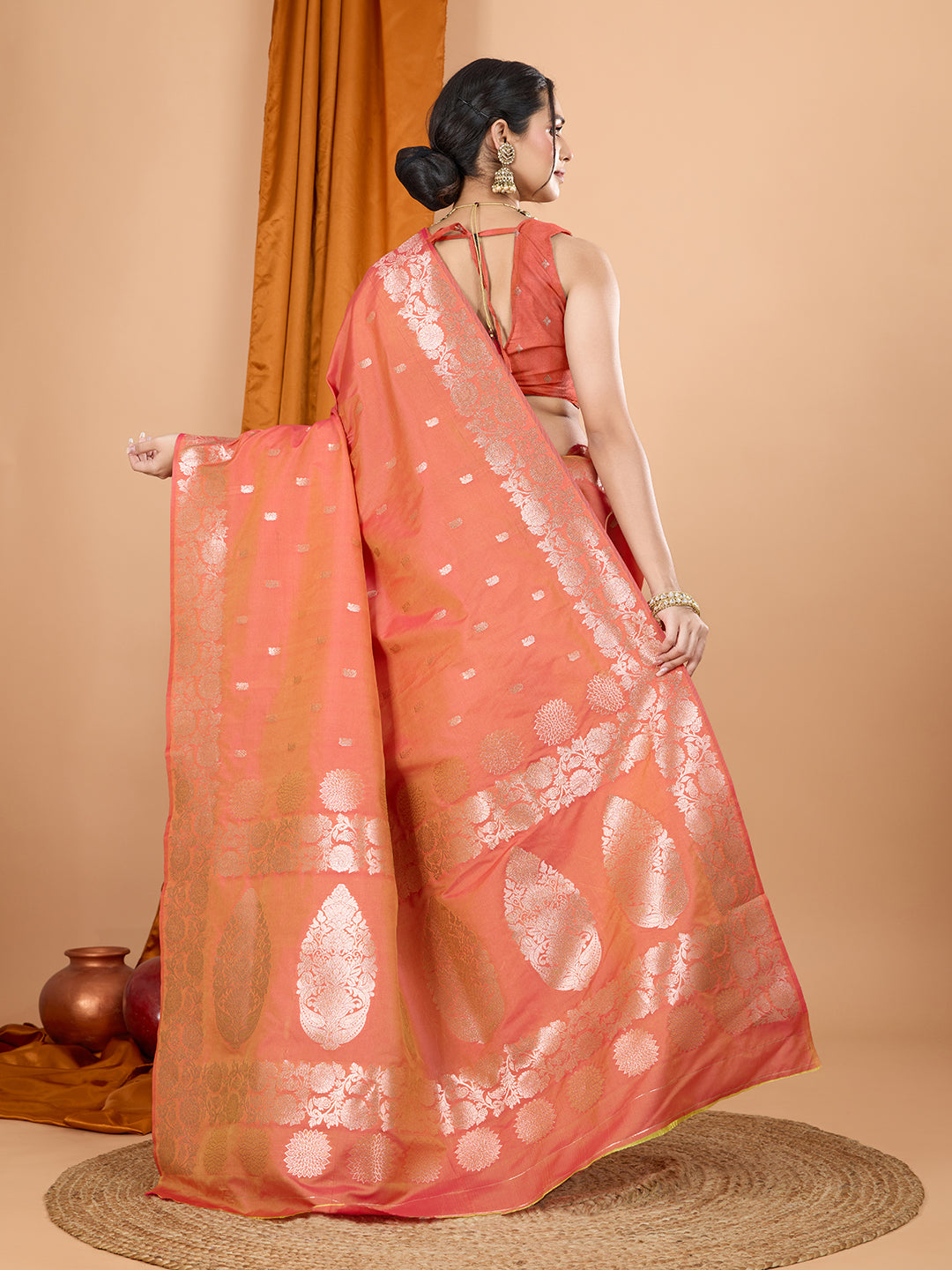 Dwija Fashion Peach Party Wear Banarsi Silk With Jari Weaving Work Saree With Unstitched Blouse