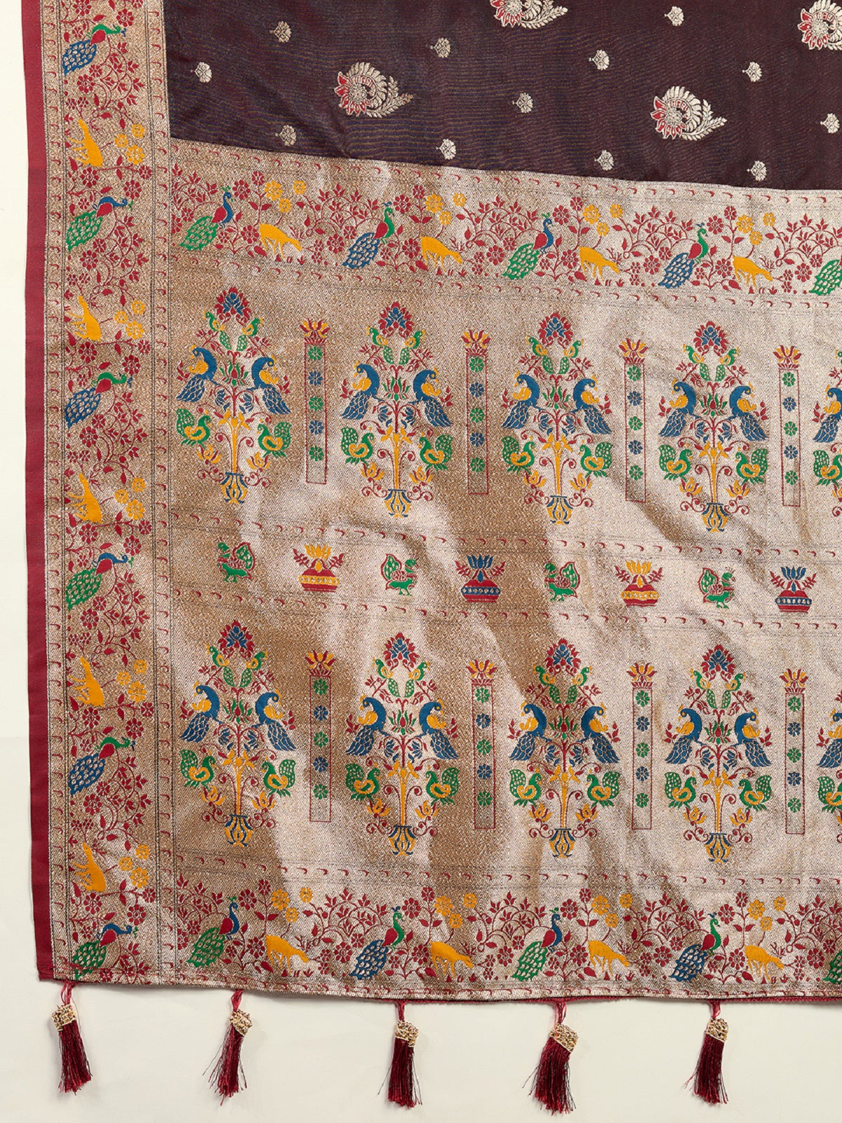 Dwija Fashion Chocolate Brown Wedding Wear Satin Jari Work Saree With Unstitched Blouse