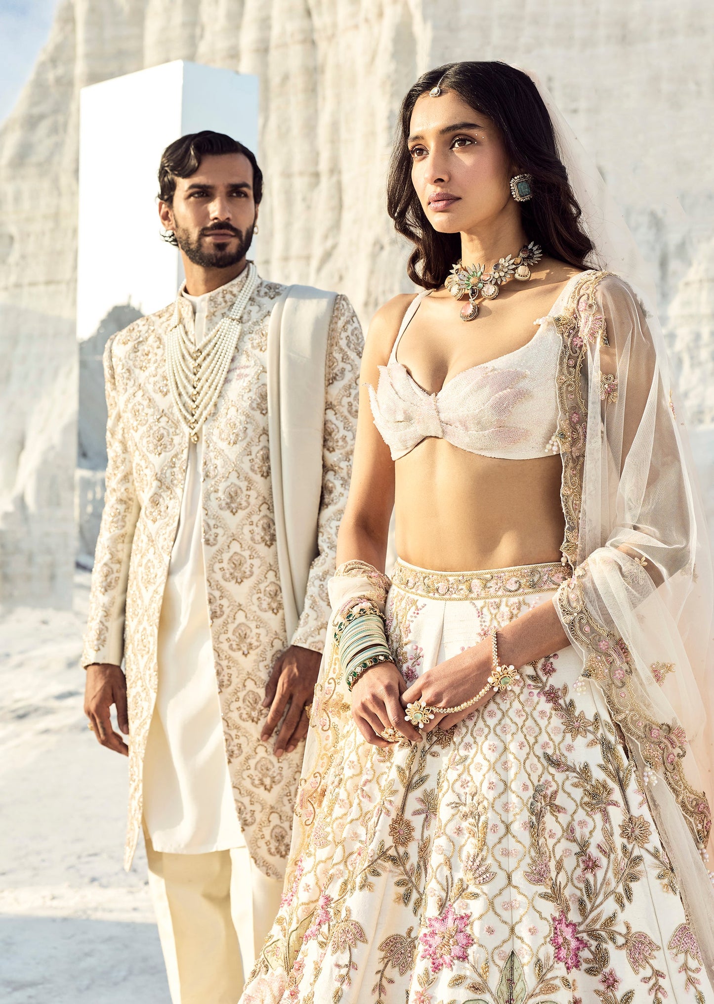 Off-White Royal Elegance — Bridal Lehenga For Her And Sherwani For Him