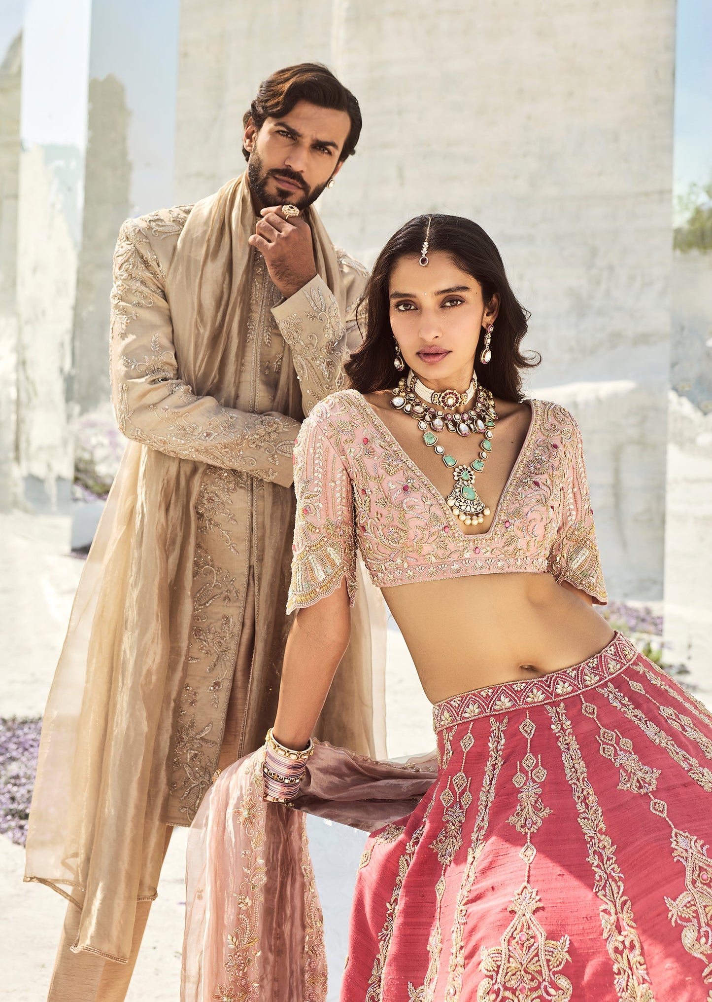 Pastel Grace — Scalloped Lehenga For Her And Tussar Sherwani For Him