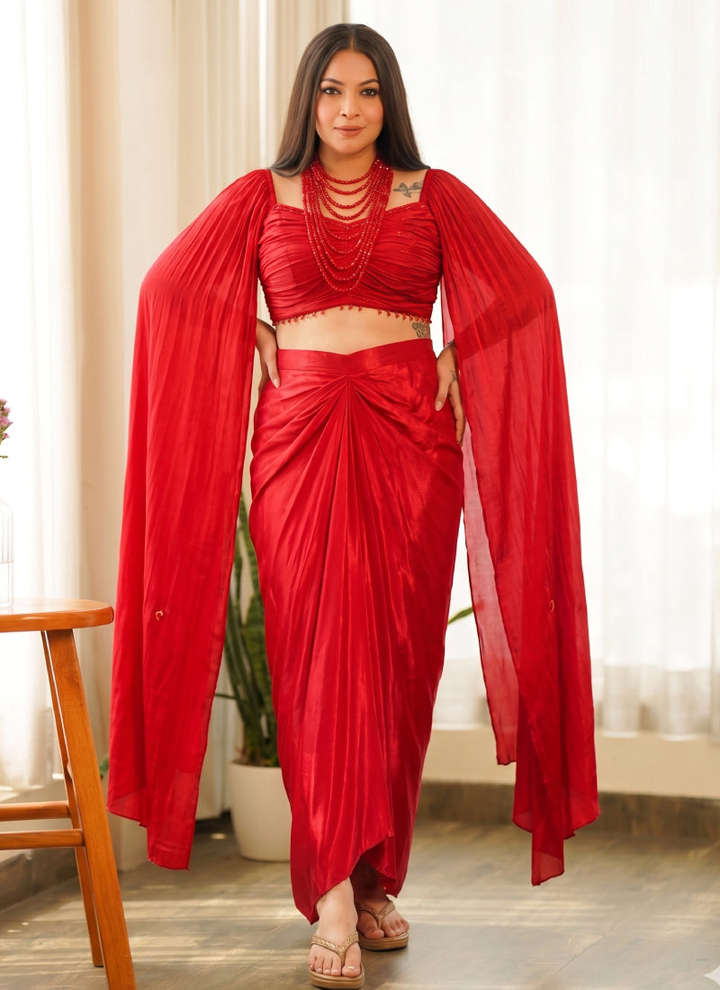 Vegaa Fashion Red Beads Chinon Silk Indo Western Suit