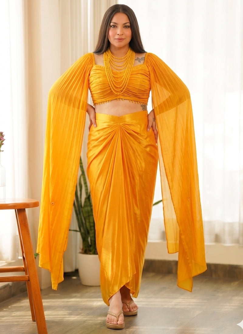 Vegaa Fashion Yellow Beads Chinon Silk Indo Western Suit