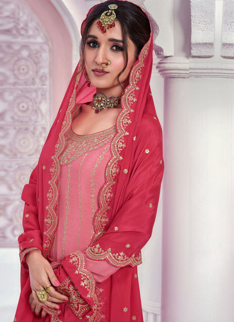 Vegaa Fashion Peach Zari Chinon Silk Palazzo Suit