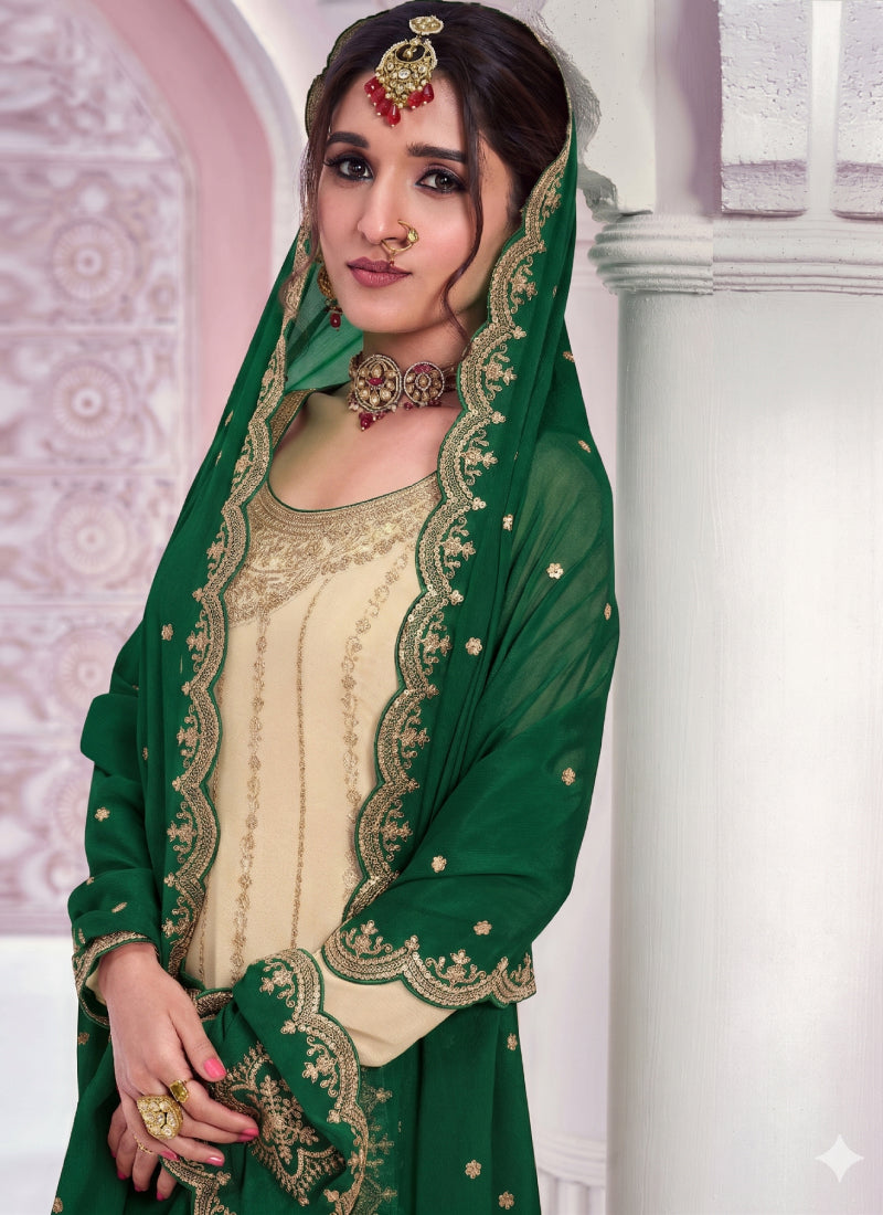 Vegaa Fashion Cream Zari Chinon Silk Palazzo Suit