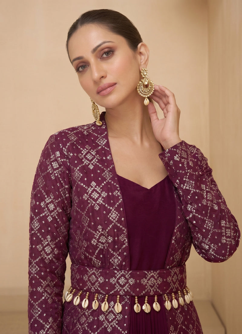 Vegaa Fashion Wine Brocade Jacquard Indo Western Suit