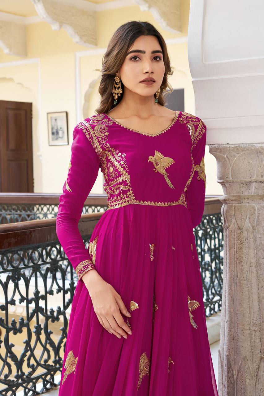 Lehenga Mart Designer Anarkali Suit With Kurta Palazzo Dupatta For Women-Deep Pink