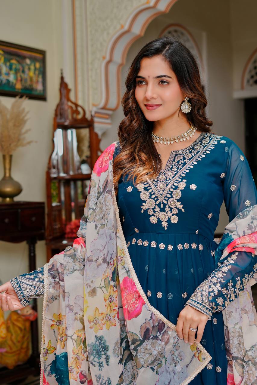 Lehenga Mart Designer Anarkali Suit With Kurta Palazzo Dupatta For Women-Teal
