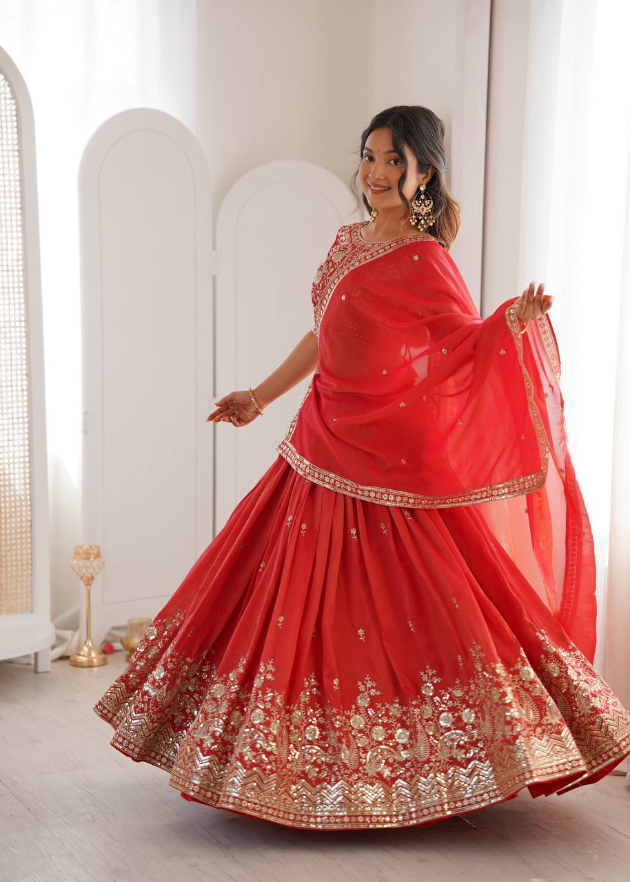 Lehenga Mart Designer Shimmer Lehenga Choli For Wedding-Red