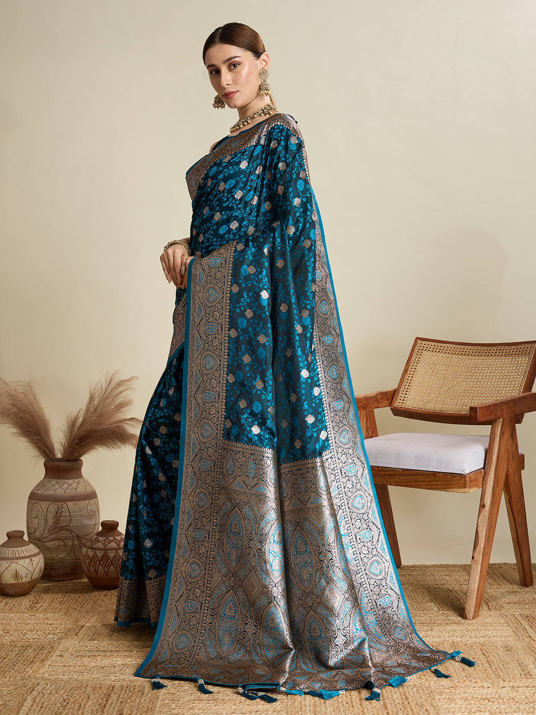 Dwija Fashion Navy Blue Wedding Wear Satin Jari Motifs All Over Pallu And Saree With Unstitched Blouse