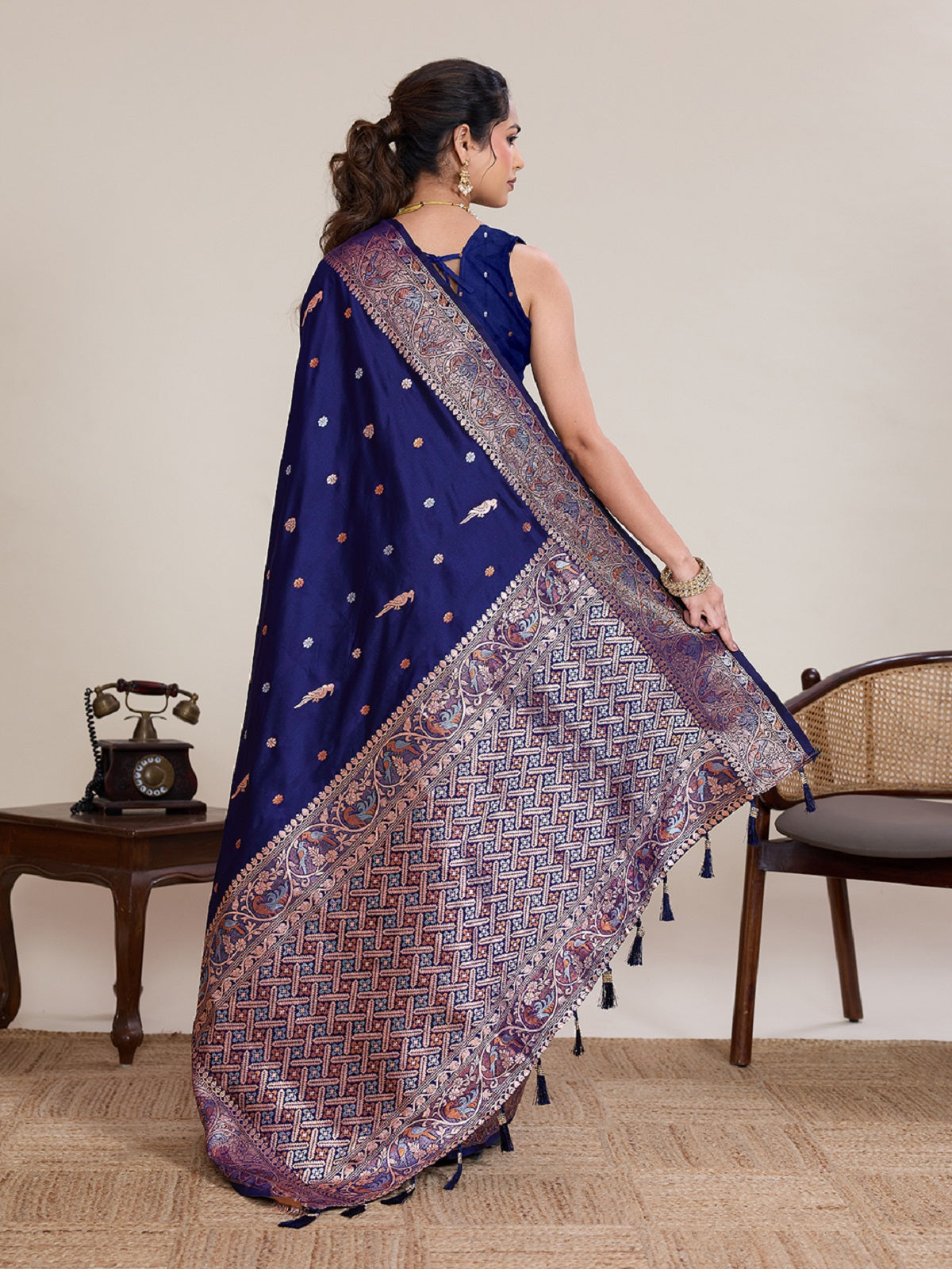 Dwija Fashion Royal Blue Wedding Wear Jacquard Silver Gold Jari Work With Unstitched Blouse