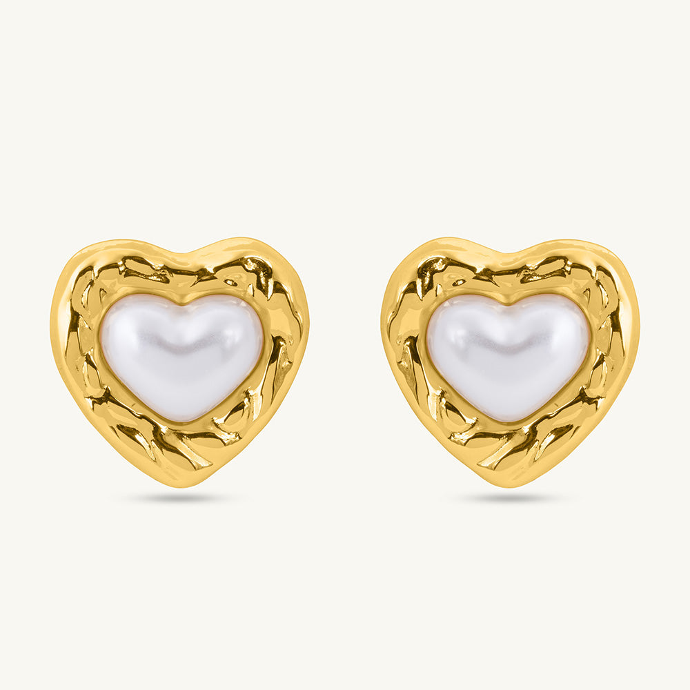 Golden Embrace Pearl Heart Studs