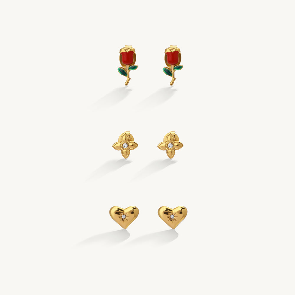 Heart Rose Minimal Stud Earring Set