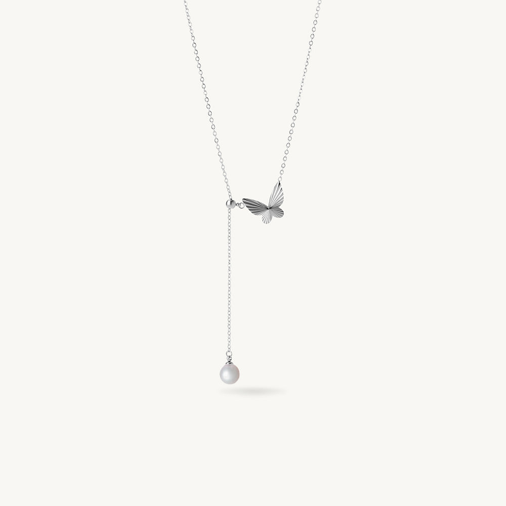 Butterfly Accent Pearl Drop Lariat Necklace