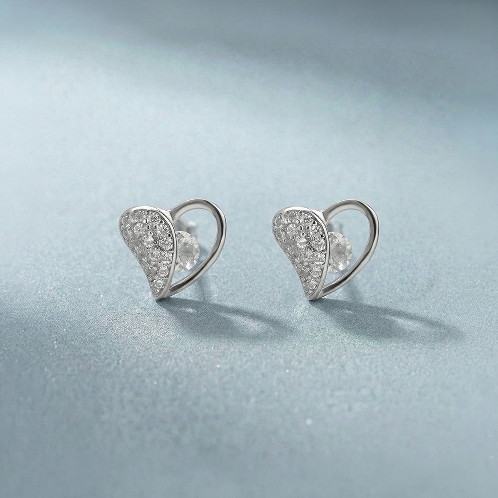 Pave Heart Sculpt 925 Sterling Silver Stud Earrings