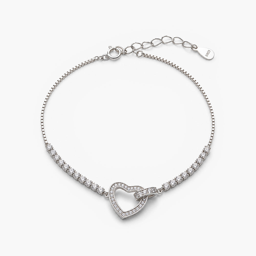 Halo Heart Interlocked 925 Sterling Silver Bracelet