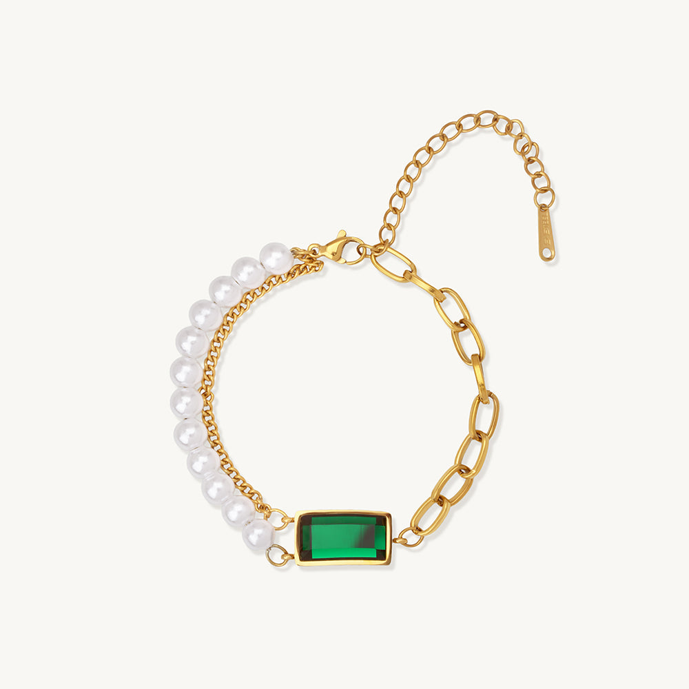 Bold Green Gem Pearl Chain Bracelet