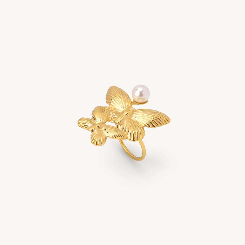 Dual Butterfly Pearl Accent Ring