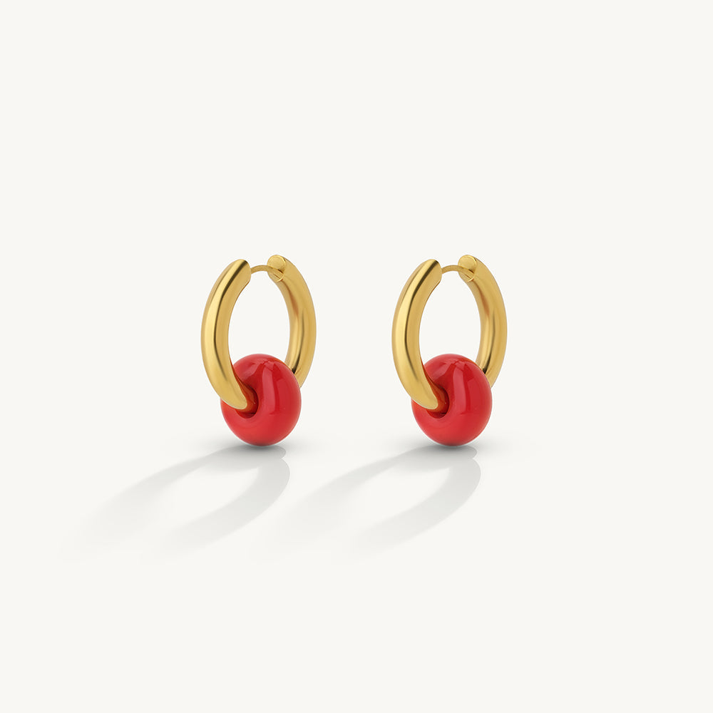 Minimal Red Bead Hoop Earrings