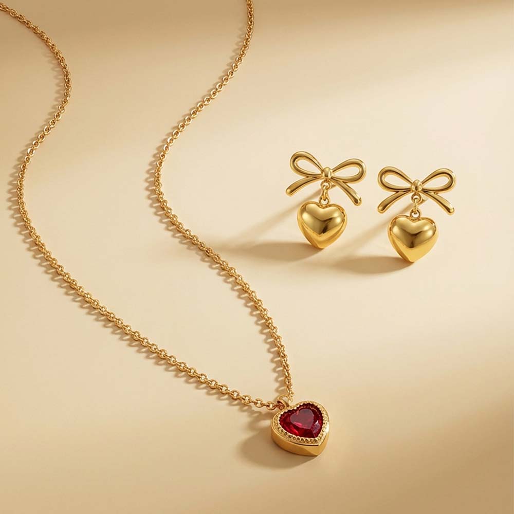 Tender Bow Heart Charm Jewellery Set