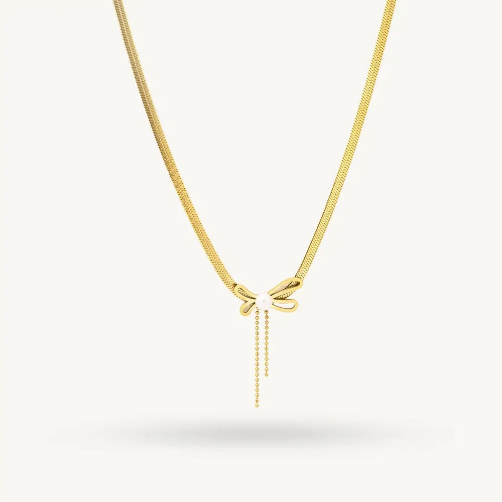 Elegant Pearl Bow Drop Necklace