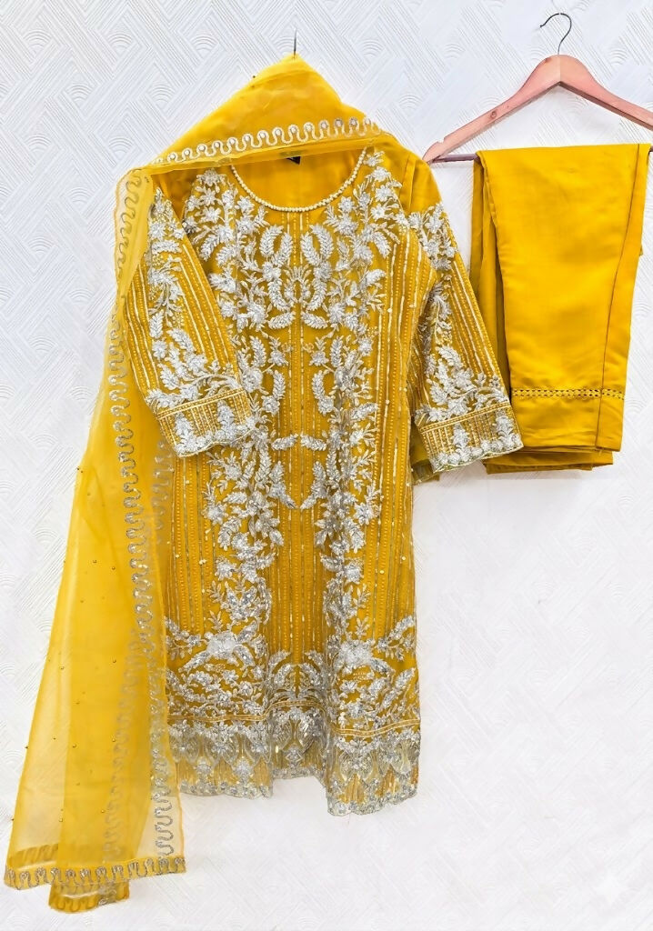 Teeya Creation Womens New Soft Net With Heavy Embroiedery With Sequence Work Yellow Kurta Set