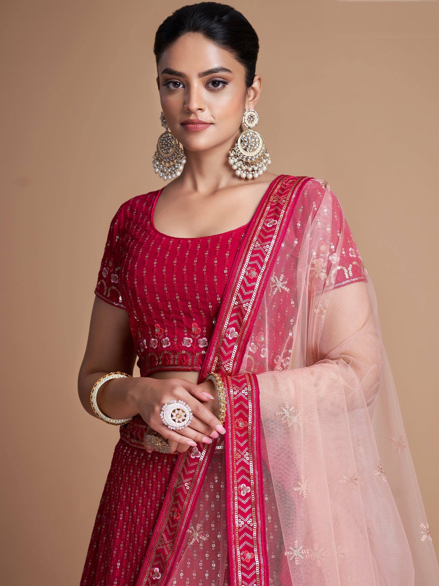 Tulsi Art Wondrous Rose Pink Sequined Georgette Bridesmaid Lehenga Choli