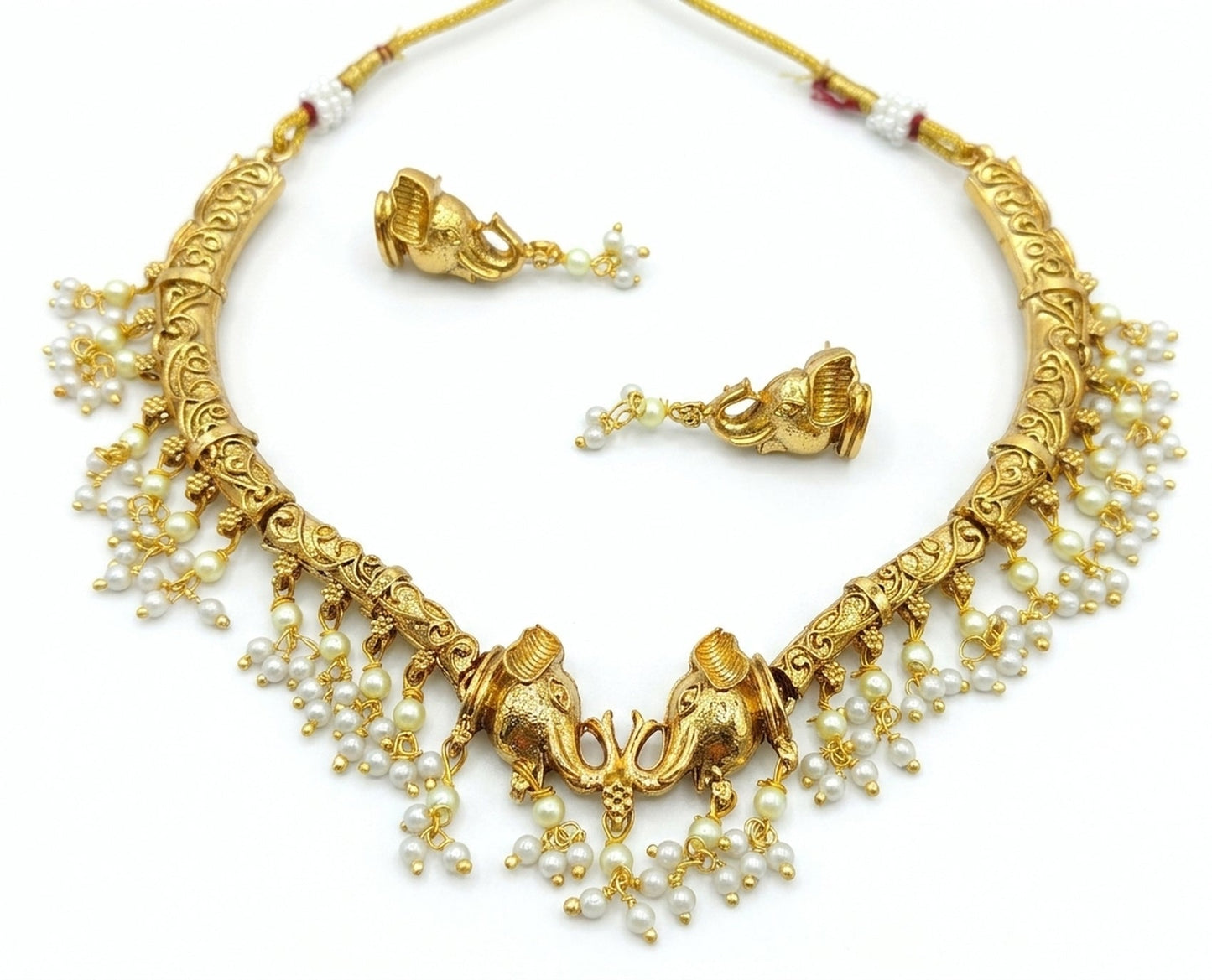 Jewel City Antique Gold Plated Elephant Temple Jewelry Set Traditional Indian Choker Necklace & Earrings for Wedding & Festivals