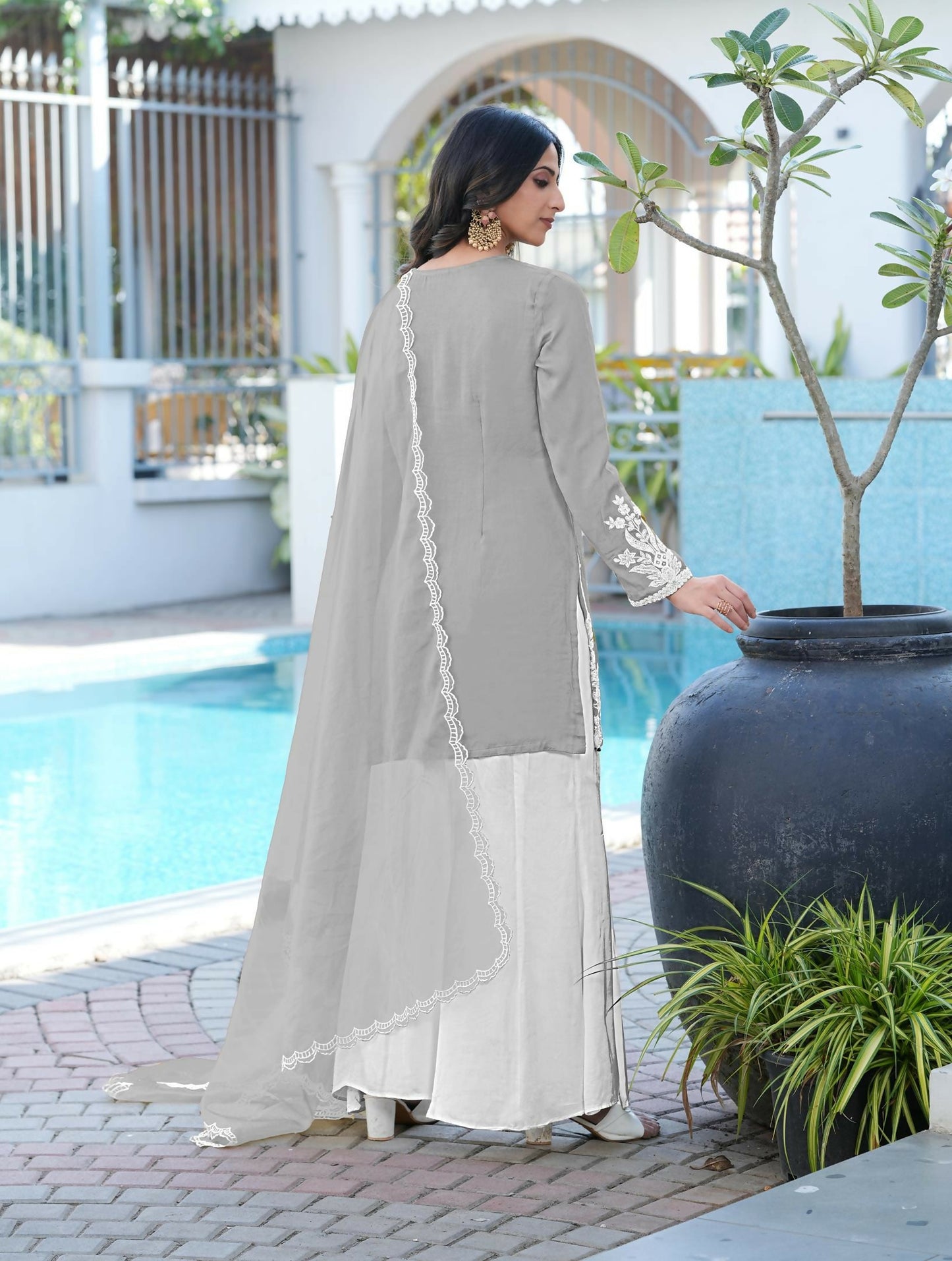 Nikhaar Grey Embroidered Modal Silk Stitched Straight Cut Kurta Kalidar Palazzo Dupatta Readymade Suit