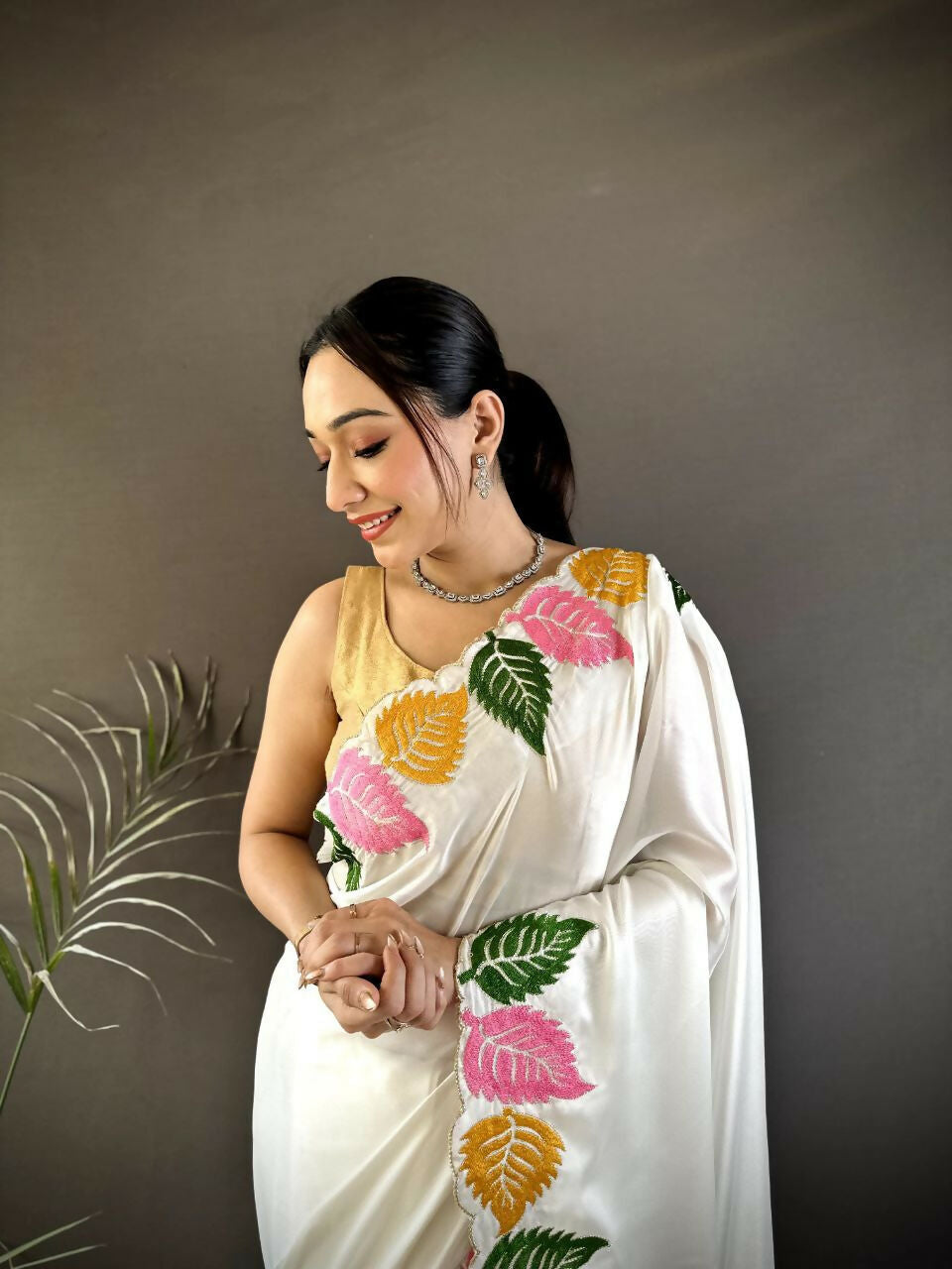 Prime Volt Multicolor Leaf Embroidery Rangoli Silk Saree with Scalloped Border-White