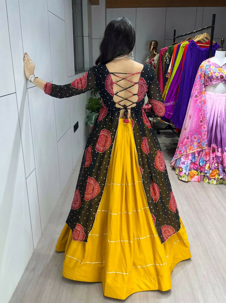 Yash Enterprise Mustard Black Rayon Cotton Embroidery Semi Stitched Navratri Chaniya Choli