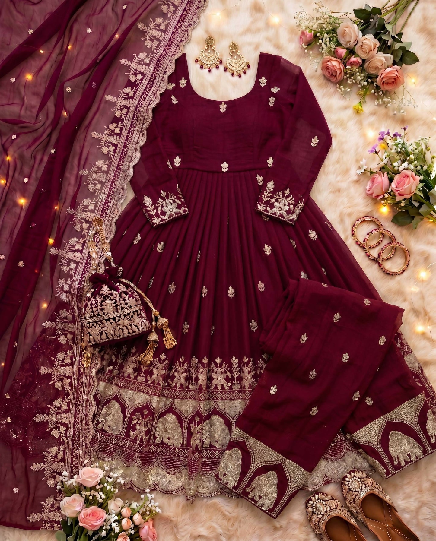 Teeya Creation New Trendy Stylish Wedding Wear Embroidered Anarkali Set - Maroon