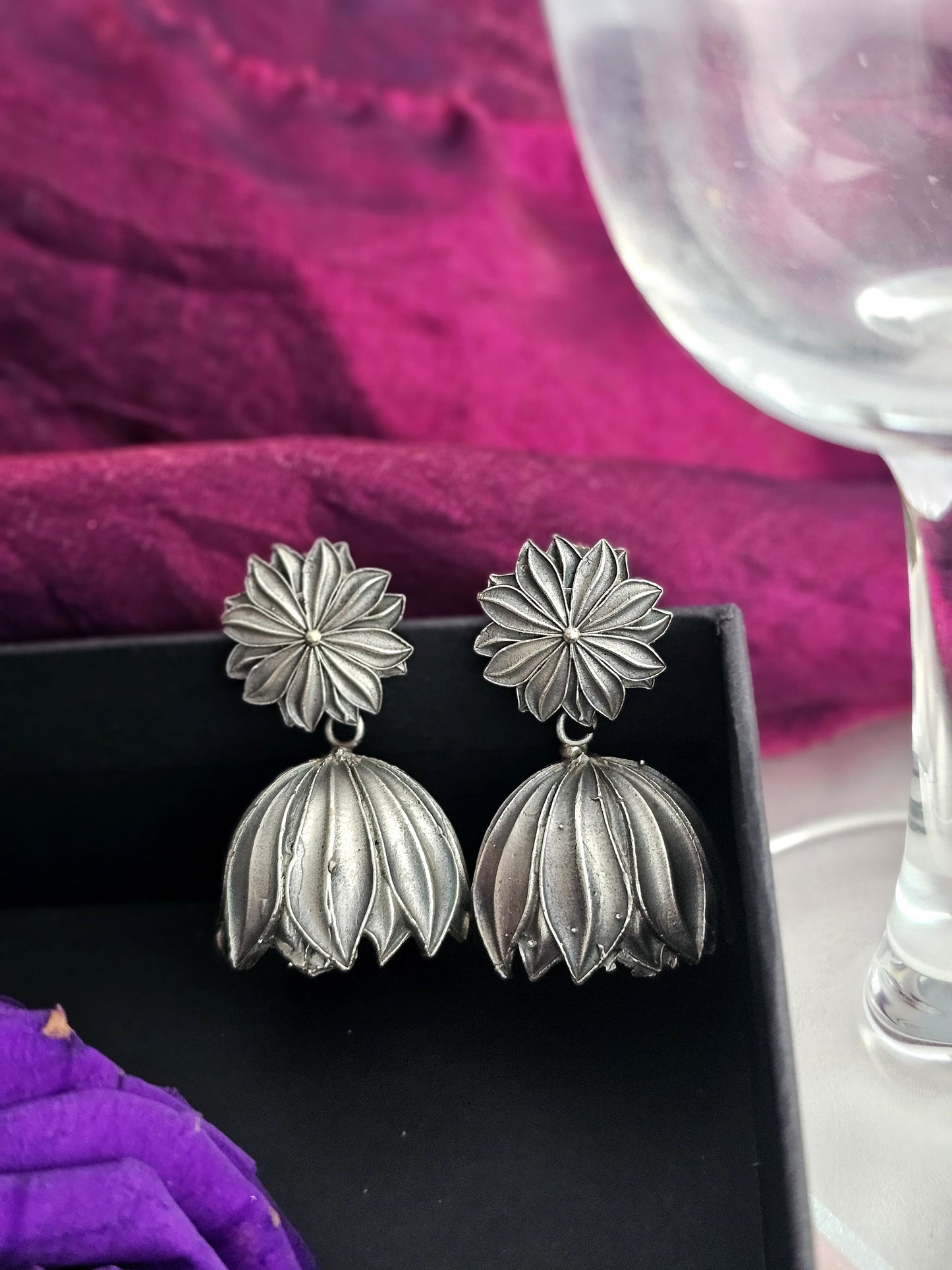 Silver-Toned Floral Jhumkas Earrings