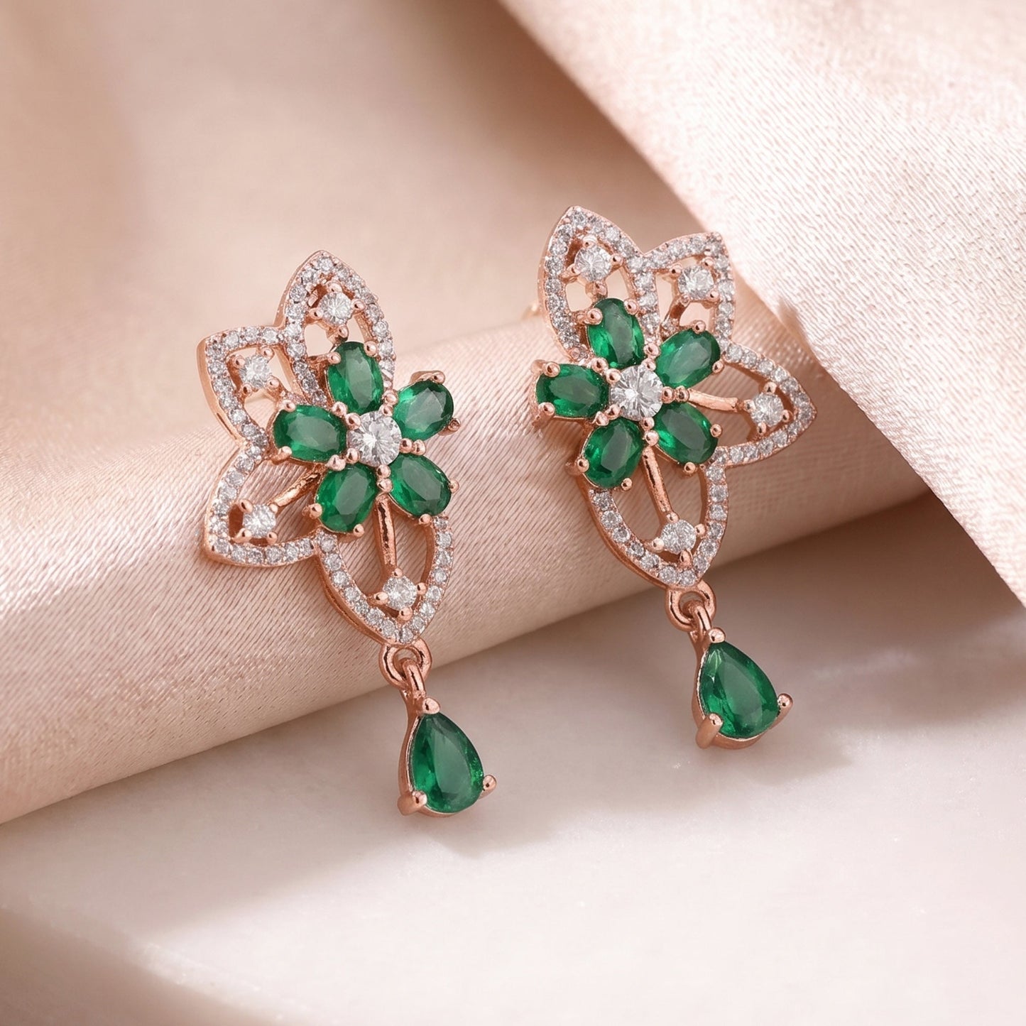 CZ Green Floral Drop Earrings