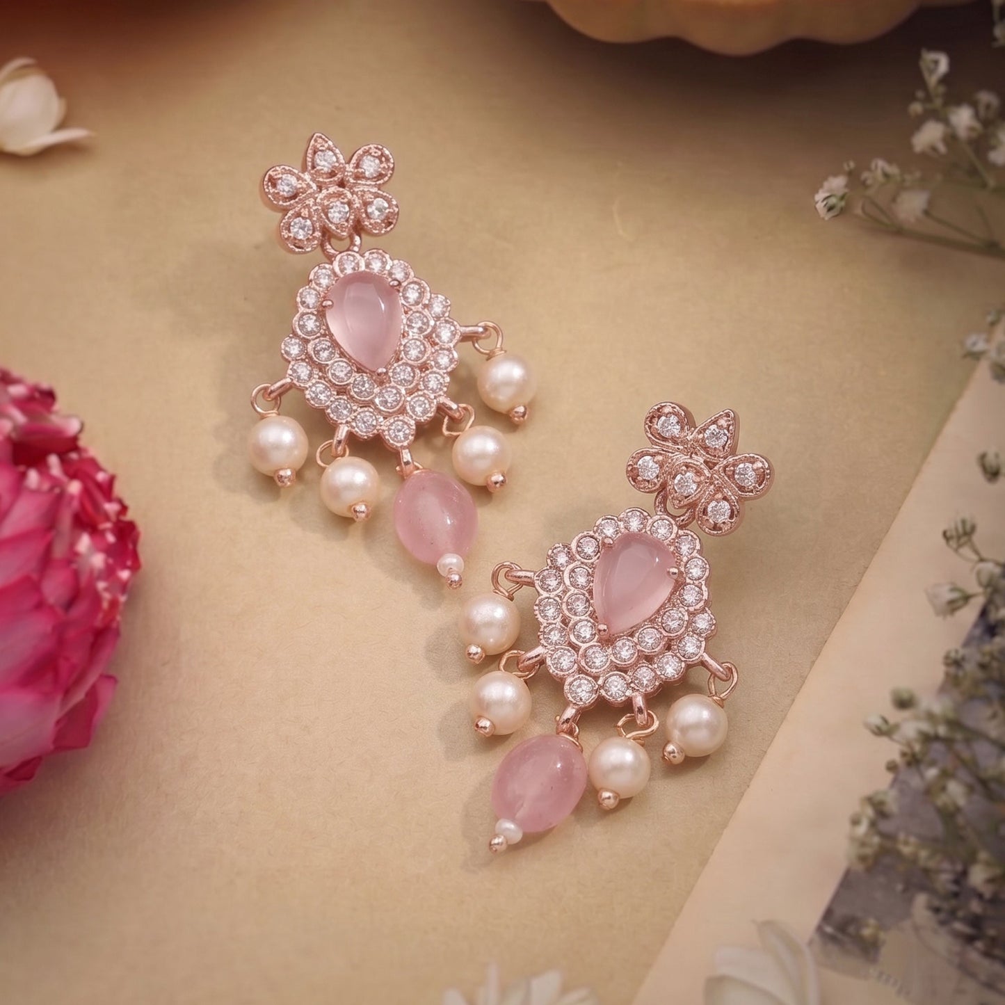 Shahi Mint Pink CZ Hasli Drop Earrings