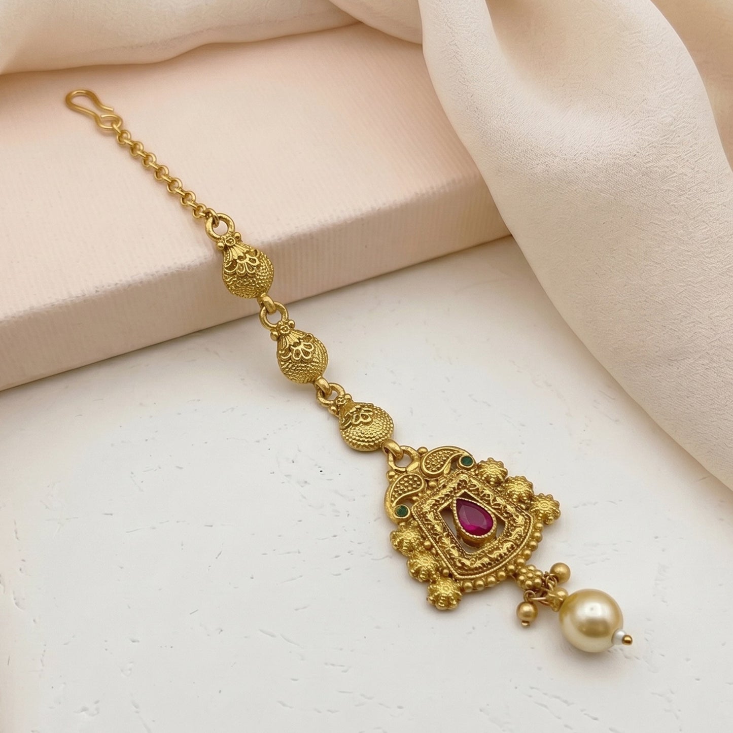 Festive Ruby Kundan Pearl Maang Tikka